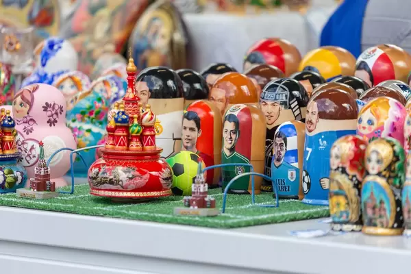 Matryoshka dolls with faces of world famous soccer players in a shop in Moscow