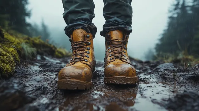 Matschige Wanderstiefel auf Waldweg im Regen