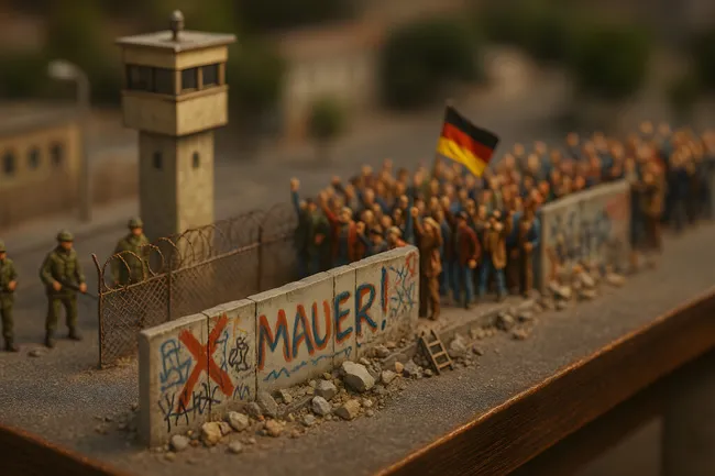 Mauer-Diorama mit Demonstranten und deutscher Flagge