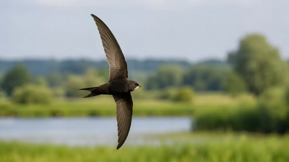 Mauersegler im Flug über grüne Flusslandschaft