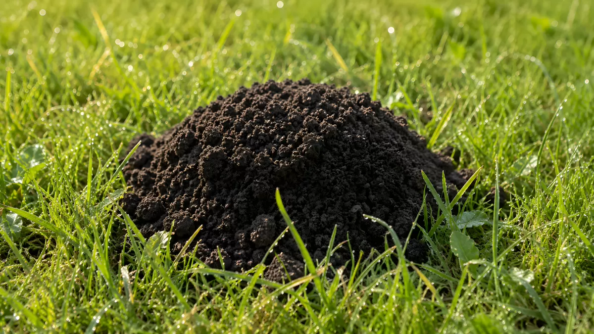 Maulwurfshügel auf frisch betautem Rasen im Garten