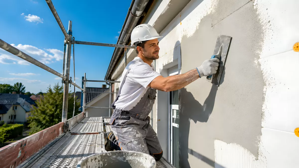 Maurer verputzt Hausfassade auf Gerüst im Sommer