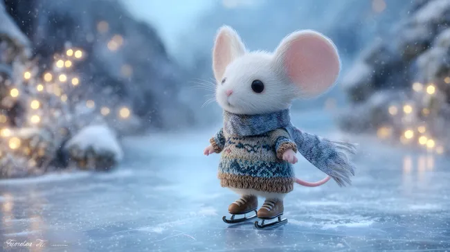 Maus auf Schlittschuhen in winterlicher Schneelandschaft