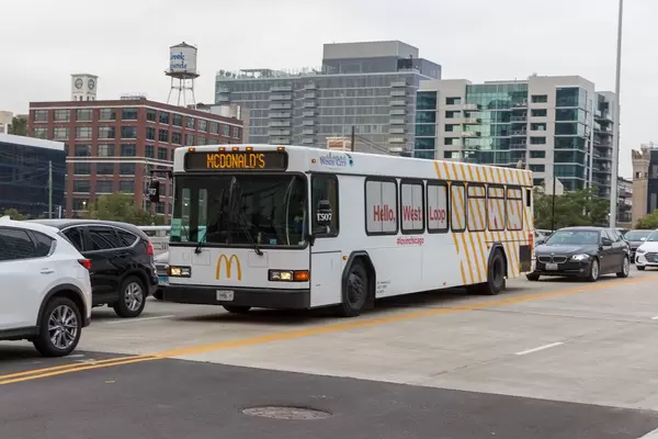 McDonald's advertising in the Chicago Loop: white bus heading to the fast food store