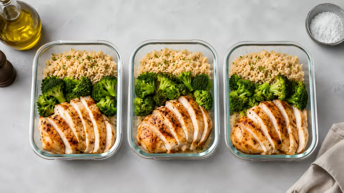 Meal-Prep-Boxen mit Hähnchen, Brokkoli und Reis
