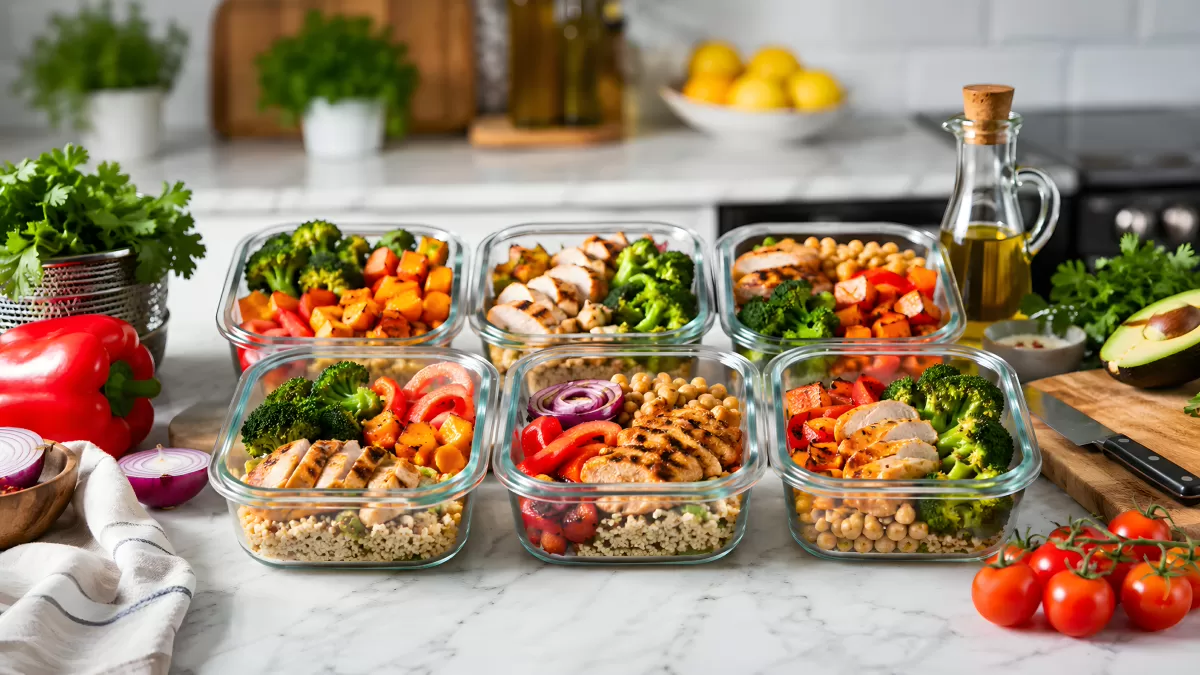 Meal-Prep-Boxen mit Hähnchen, Gemüse und Quinoa