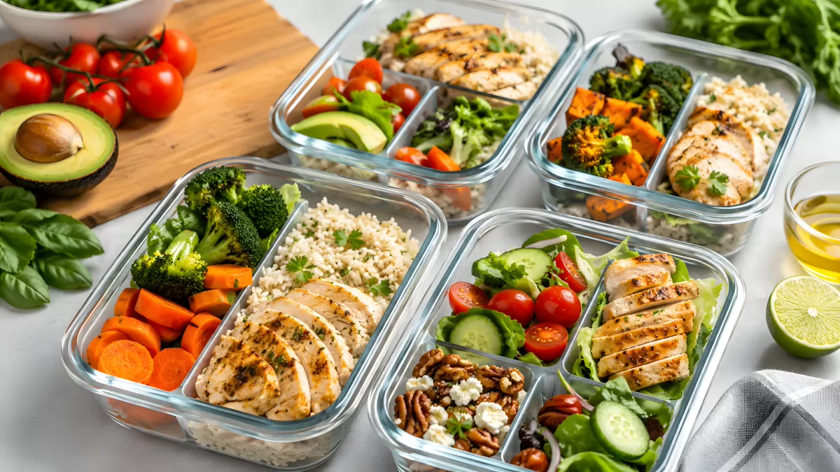 Meal-Prep-Boxen mit Hähnchen, Gemüse und Reis