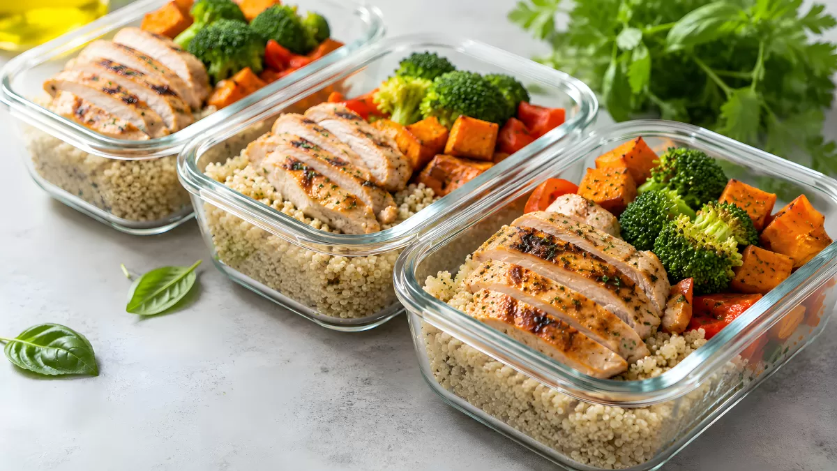 Meal-Prep-Boxen mit Hähnchen, Quinoa und Gemüse