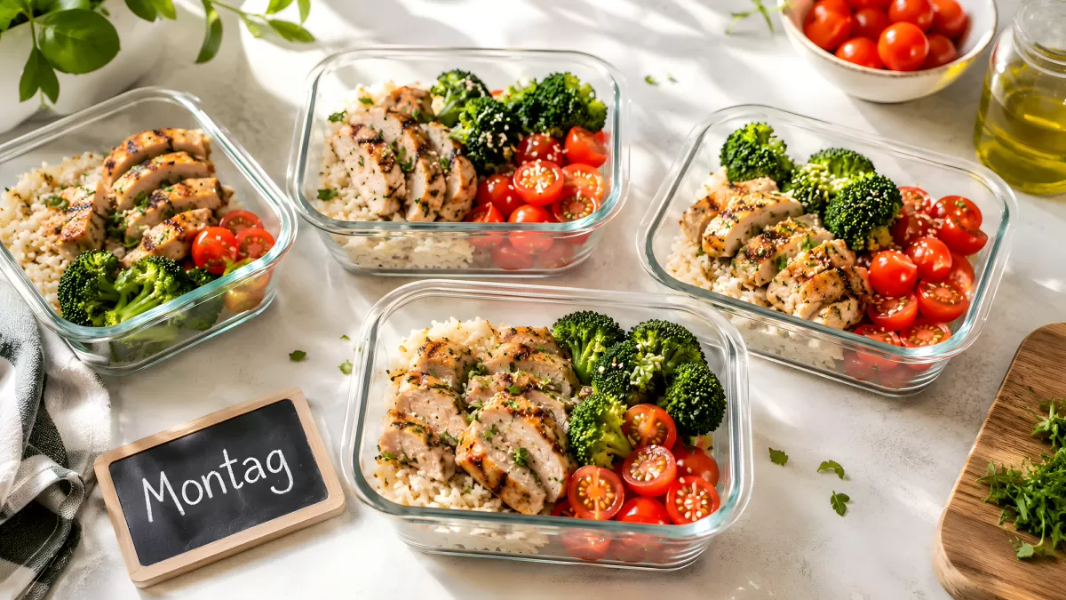 Meal-Prep-Boxen mit Hähnchen, Reis und Gemüse