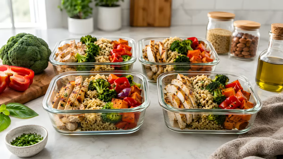 Meal-Prep-Boxen mit Hühnchen, Quinoa und Gemüse