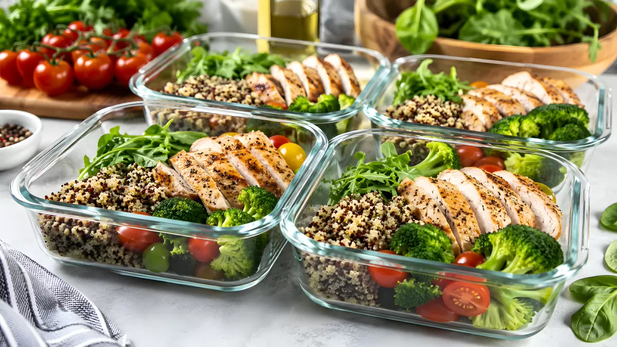 Meal-Prep-Boxen mit Quinoa, Hähnchen und Gemüse