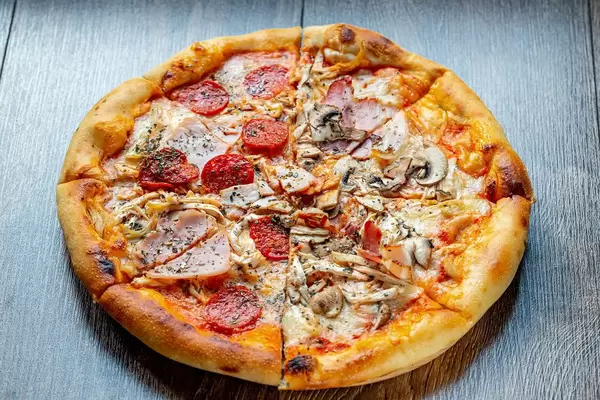 Meat pizza with mushrooms, bacon, chicken, cheese and smoked sausage (Flip 2019) (Flip 2019)