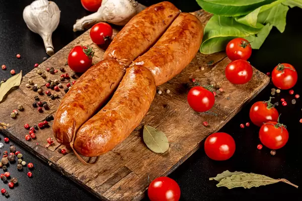 Meat sausages with spices on an old wooden kitchen board