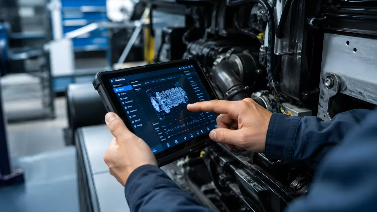 Mechaniker analysiert Motor mit Diagnose-Tablet in Werkstatt
