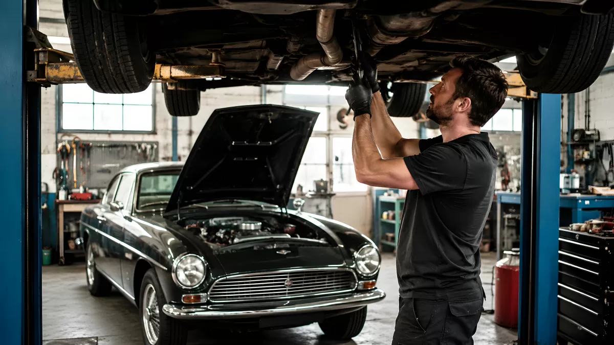 Mechaniker arbeitet unter einem Oldtimer in der Werkstatt