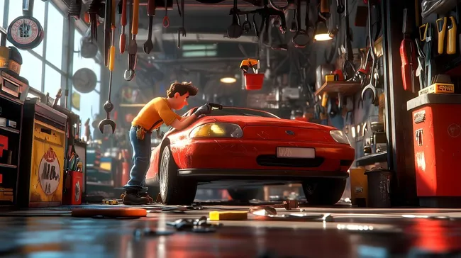 Mechaniker bei Reparatur eines roten Sportwagens in Werkstatt