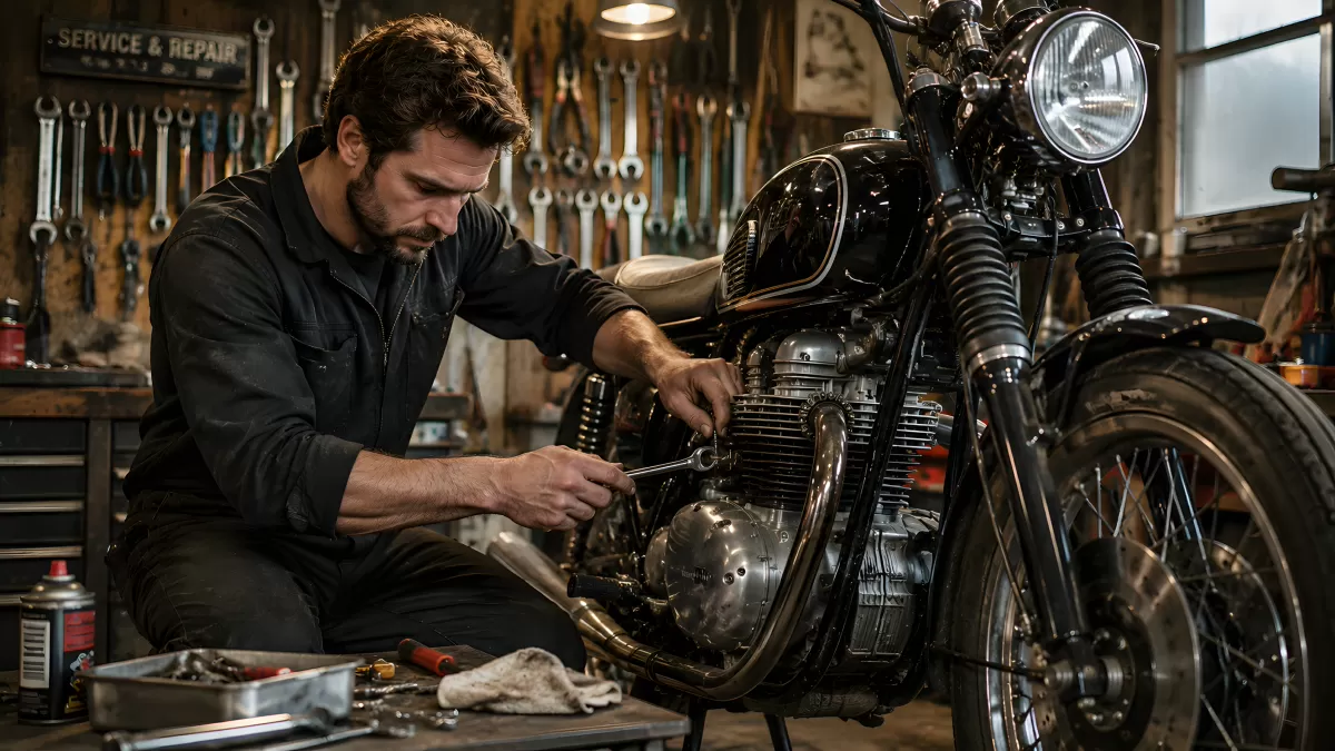 Mechaniker repariert klassisches Motorrad in Werkstatt