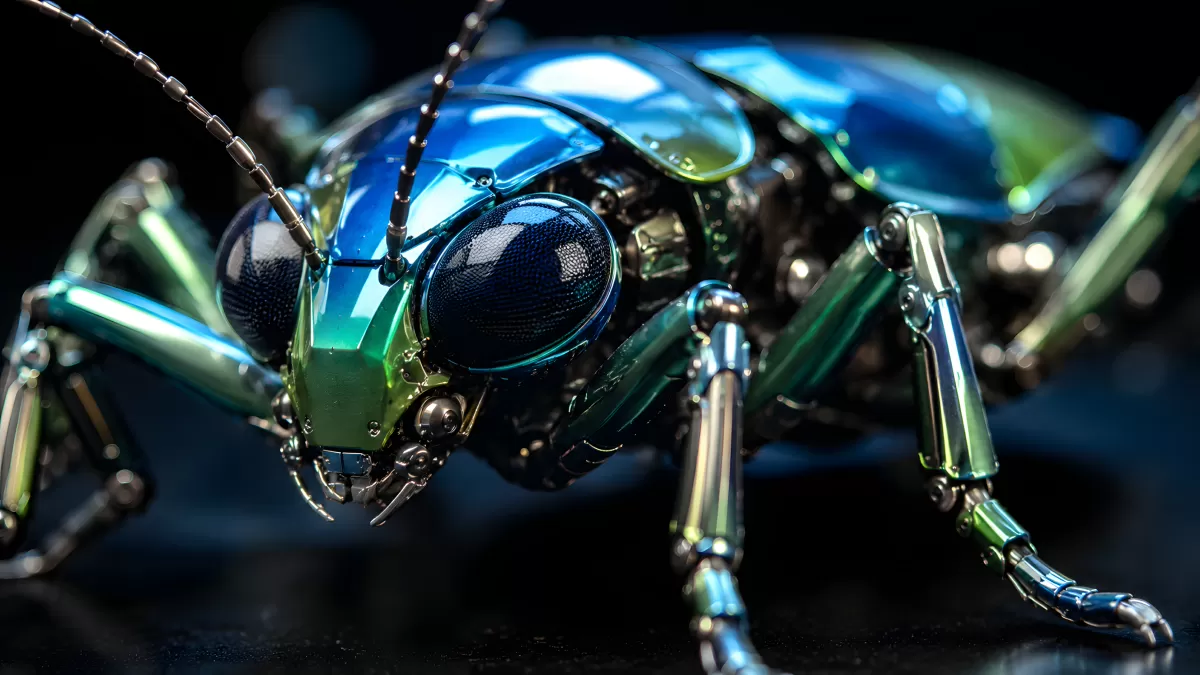 Mechanischer Käfer aus Metall in Blau und Grün