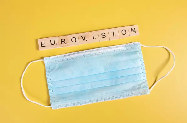 Medical face mask and Eurovision text on yellow background