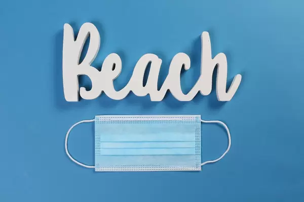 Medical face mask with Beach text on blue background