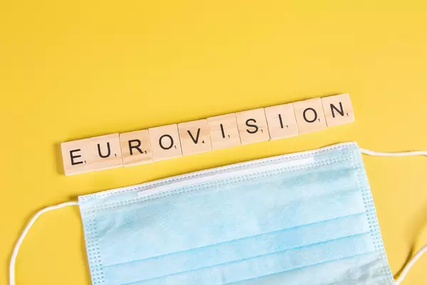 Medical face mask with Eurovision text on yellow background