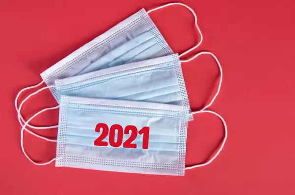 Medical protective face masks with red 2021 text