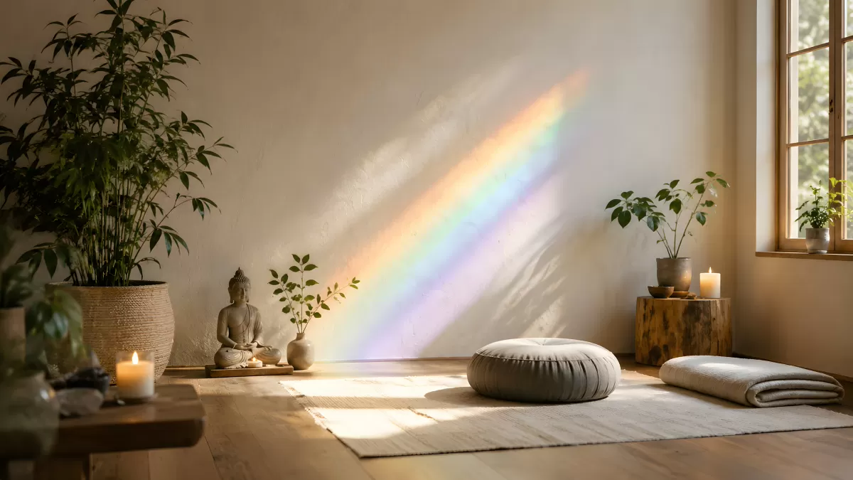 Meditationsraum mit Regenbogen und Buddha-Figur