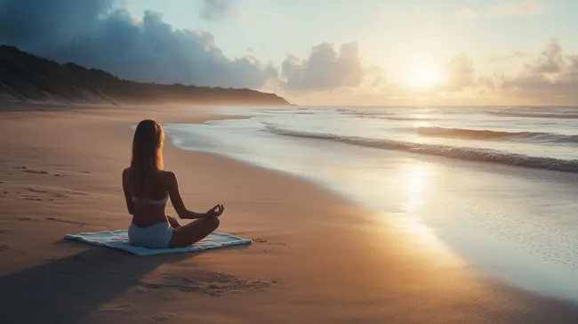 Meditationsübung am Strand bei Sonnenuntergang