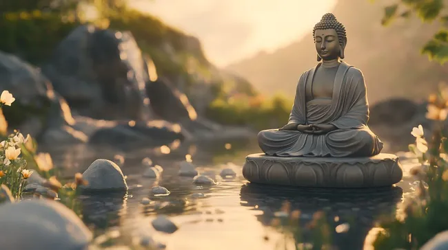 Meditativer Buddha-Brunnen in friedlicher Naturszene