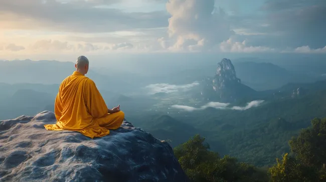 Meditativer Mönch in Bergpanorama