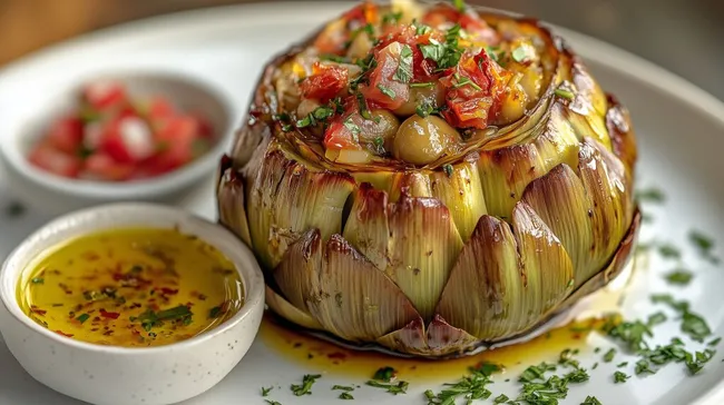 Mediterrane Artischocke mit Kräutersalat und Dip