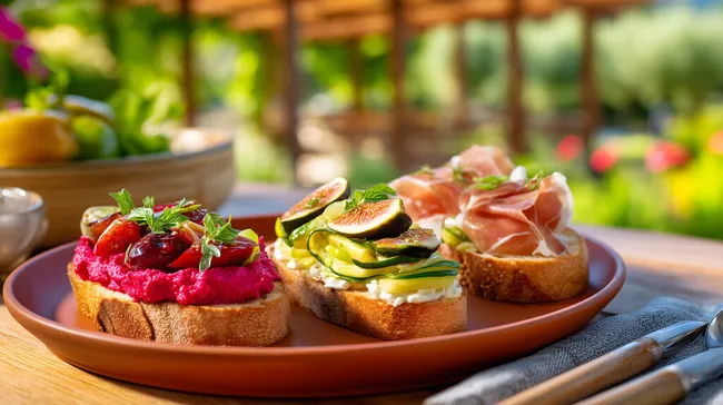 Mediterrane Bruschetta mit frischem Gemüse und Schinken