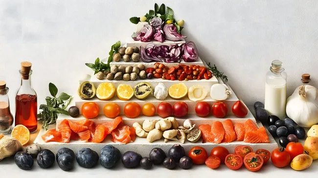 Mediterrane Ernährungspyramide mit frischen Zutaten