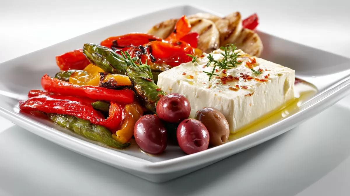 Mediterrane Feta Gemüse Platte mit Oliven und Paprika