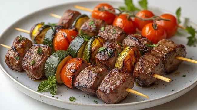 Mediterrane Fleischspieße mit gegrilltem Gemüse