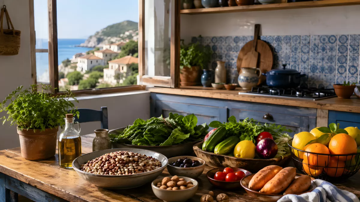 Mediterrane Küche mit frischem Gemüse und Meeresblick