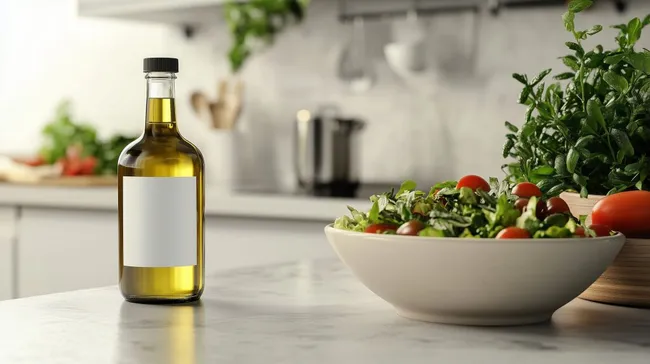 Mediterrane Küche: Olivenölflasche und frischer Salat
