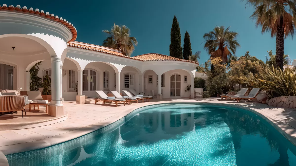 Mediterrane Luxusvilla mit Swimmingpool und Palmen