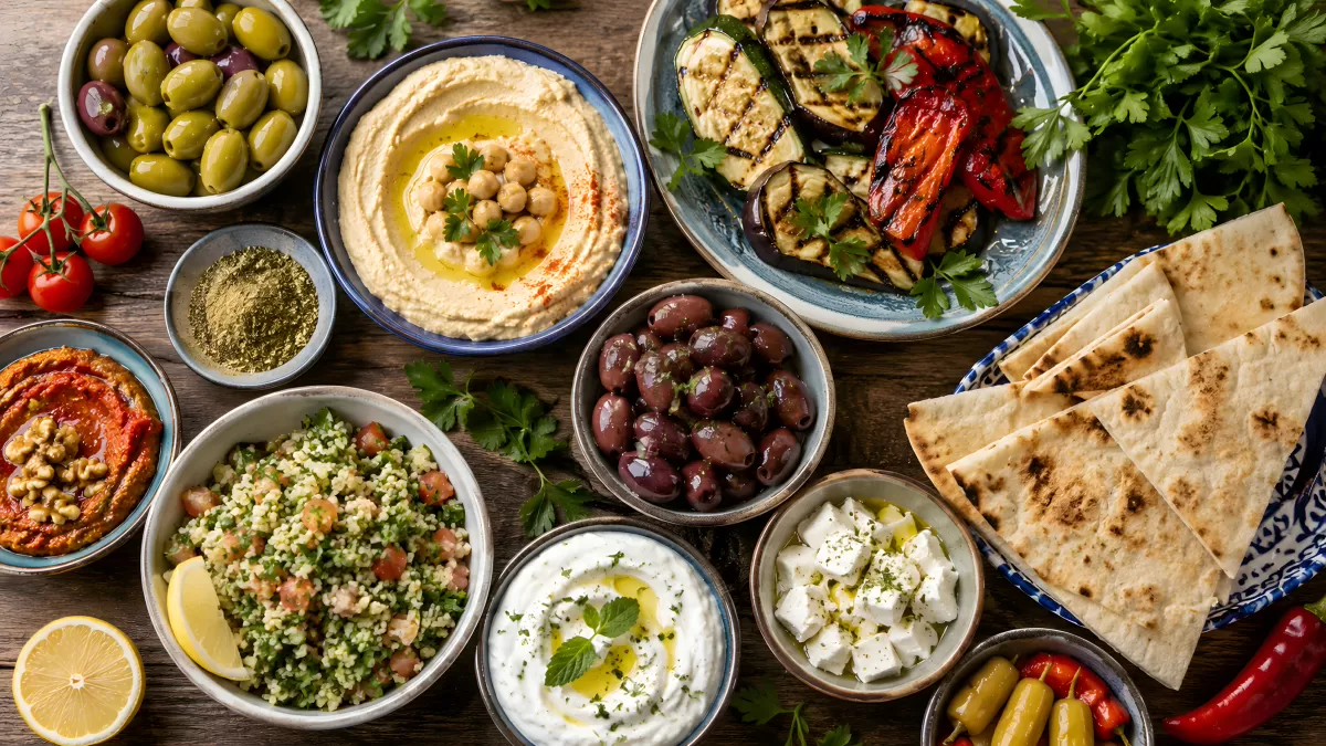 Mediterrane Mezze-Auswahl mit Hummus und Oliven — Bild kostenlos herunterladen