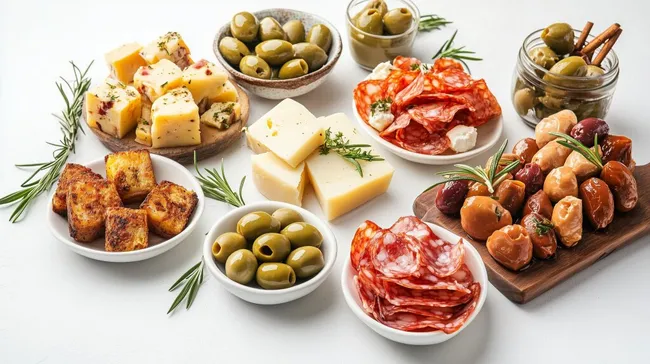 Mediterrane Tapas-Platte mit Oliven, Käse und Aufschnitt