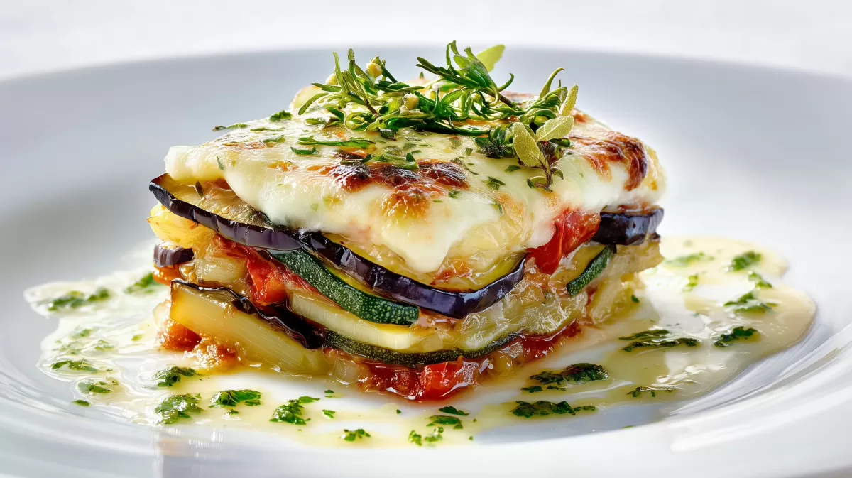 Mediterraner Auberginen Zucchini Gratin auf weißem Teller