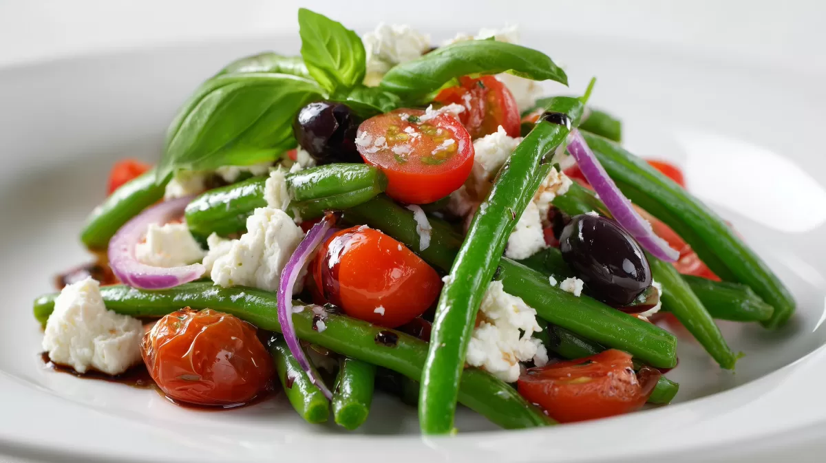 Mediterraner Bohnensalat mit Schafskäse auf Teller