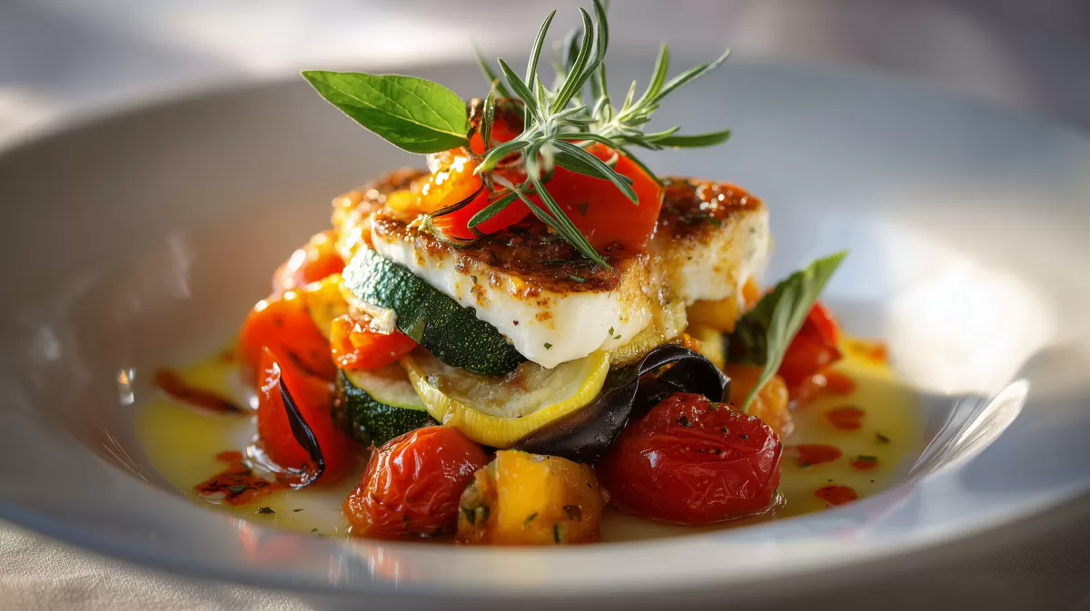 Mediterraner Gemüseauflauf mit Mozzarella auf Teller