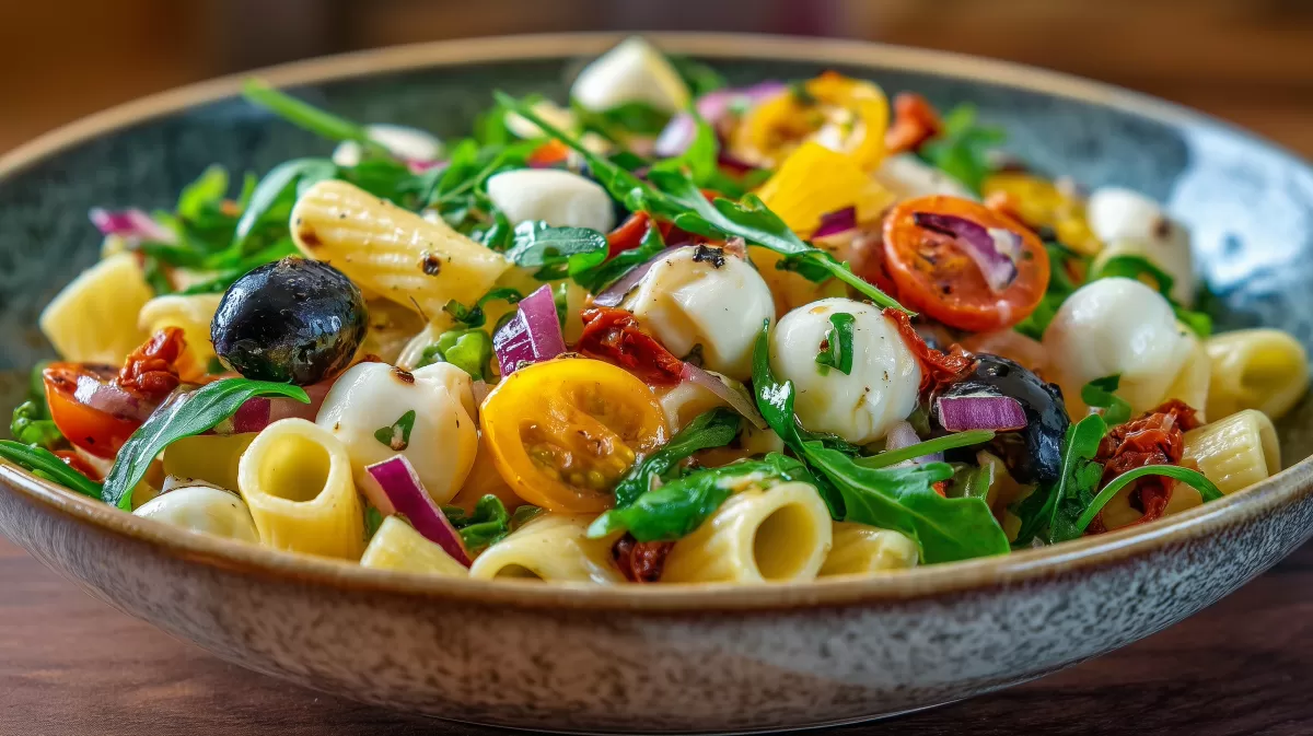 Mediterraner Nudelsalat mit Rucola und Mozzarella