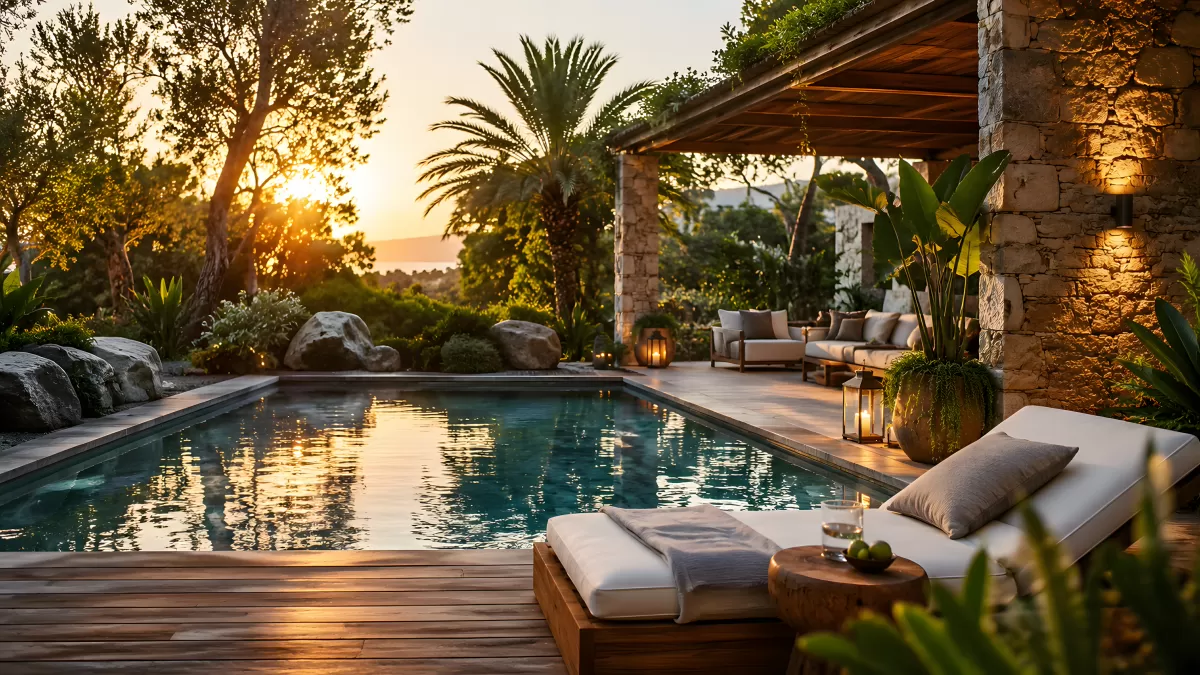 Mediterraner Pool bei Sonnenuntergang mit Steinhaus
