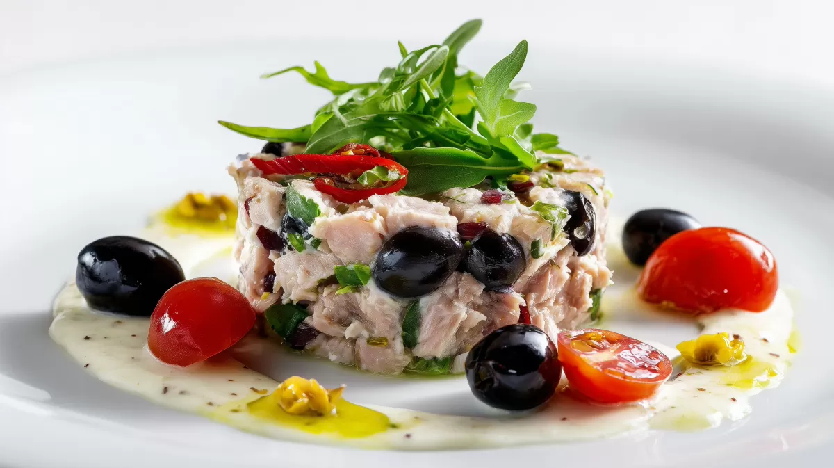 Mediterraner Thunfischsalat mit Aioli auf weißem Teller