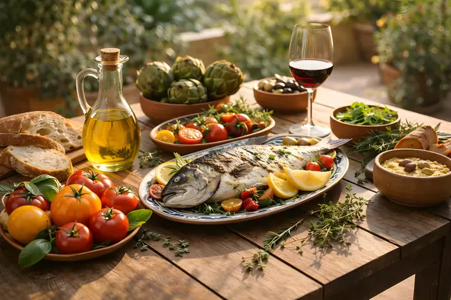 Mediterranes Abendessen auf Holztisch: Fisch, Gemüse, Wein