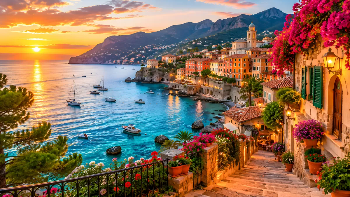 Mediterranes Küstendorf bei Sonnenuntergang mit Booten