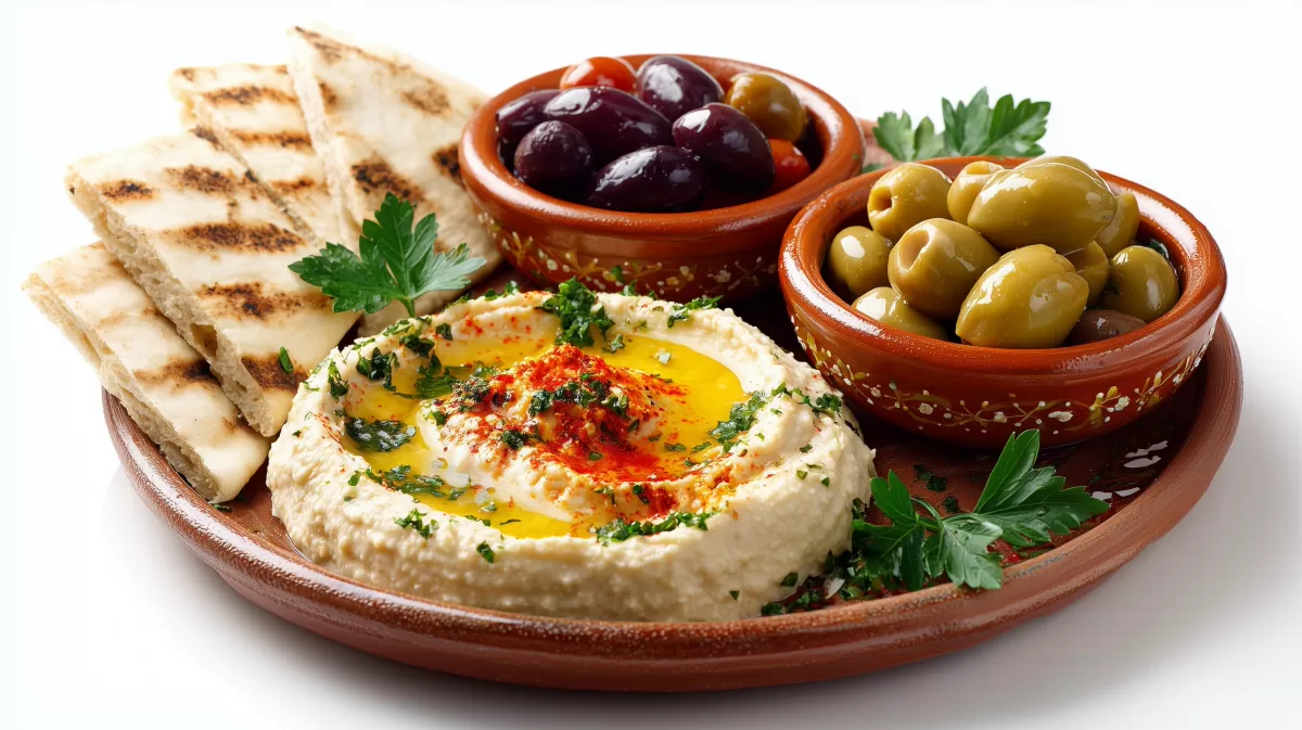 Mediterranes Mezze-Platter mit Hummus und Oliven