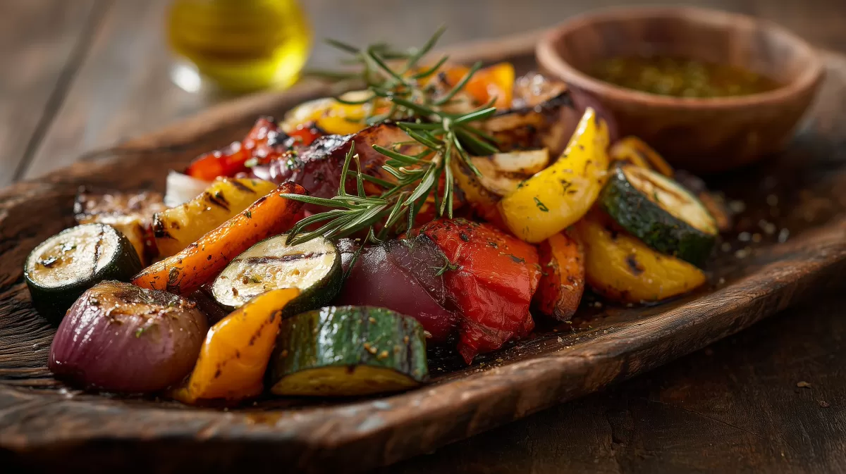 Mediterranes Ofengemüse auf rustikalem Holztablett